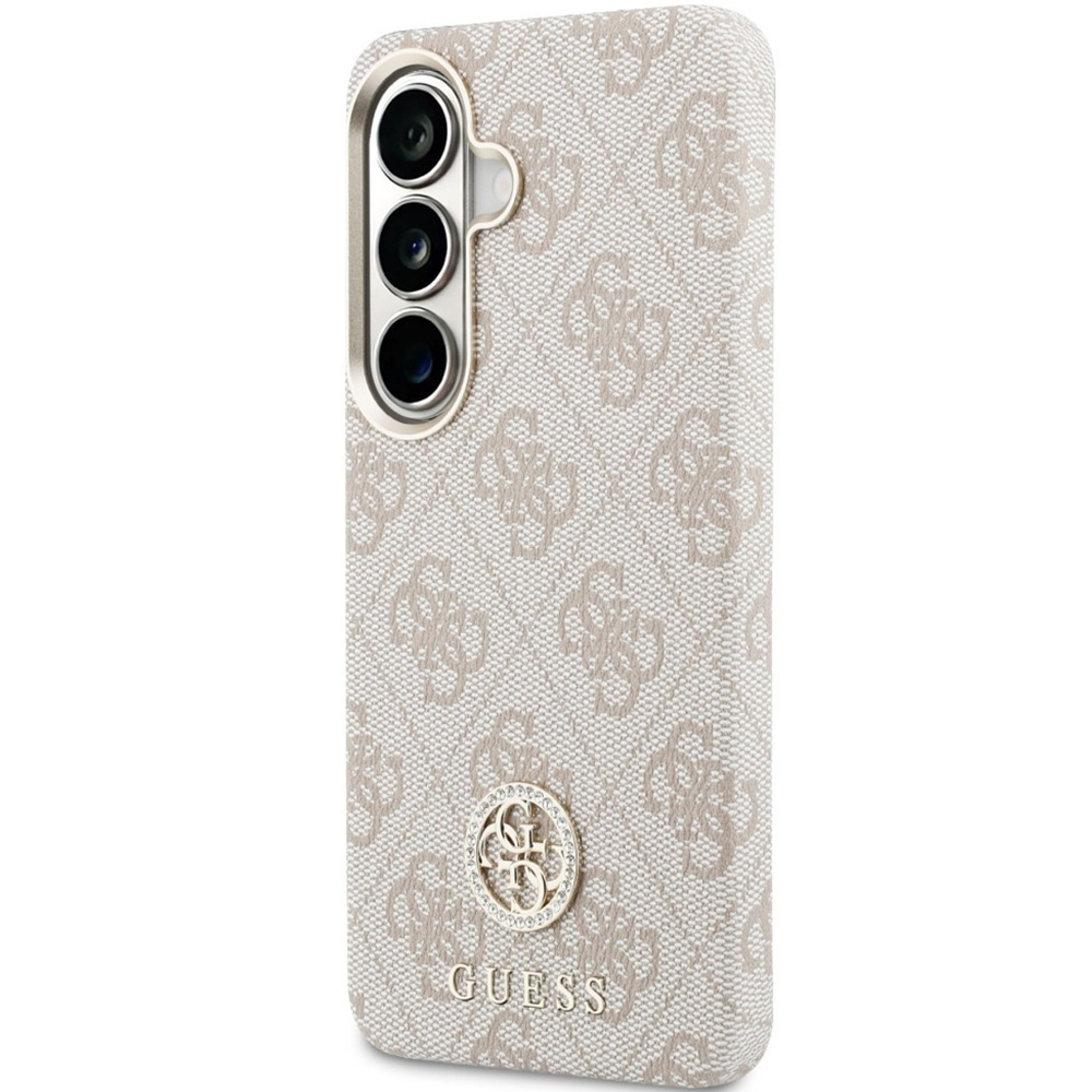 Eleganckie etui Saffiano Classic Logo MagSafe od marki Guess dla Galaxy S26, różowe.