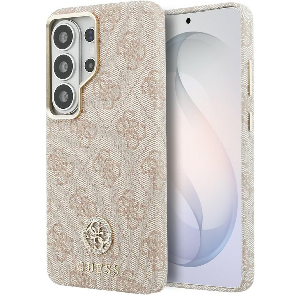 Eleganckie etui Saffiano Classic Logo MagSafe od marki Guess dla Galaxy S26 Ultra, różowe.