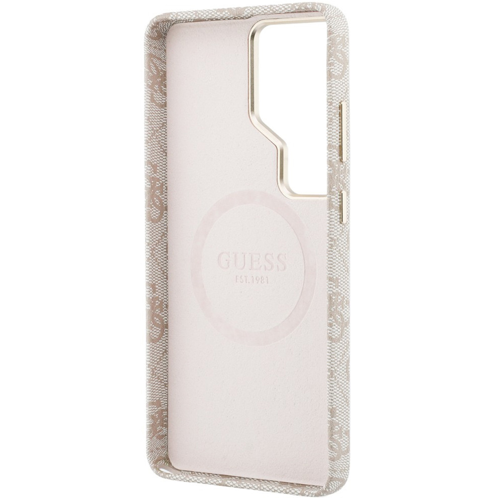 Eleganckie etui Saffiano Classic Logo MagSafe od marki Guess dla Galaxy S26 Ultra, różowe.