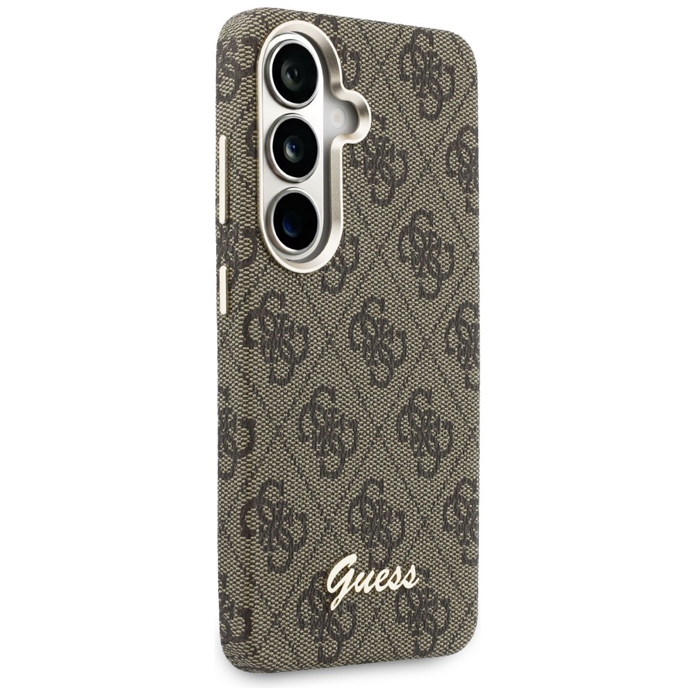 Eleganckie etui Saffiano Classic Logo MagSafe od marki Guess dla Galaxy S26, brązowe Classic Logo Guess.