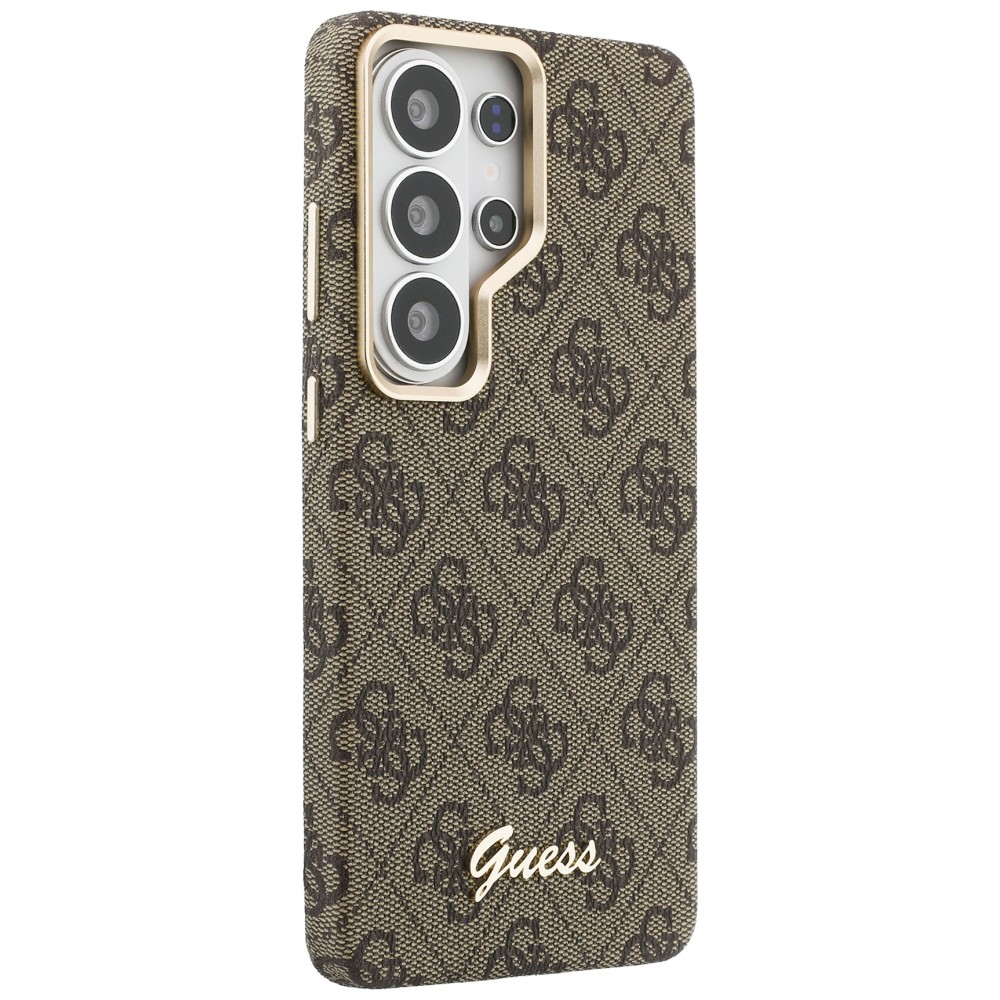 Eleganckie etui Saffiano Classic Logo MagSafe od marki Guess dla Galaxy S26 Ultra, brązowe Classic Logo Guess.