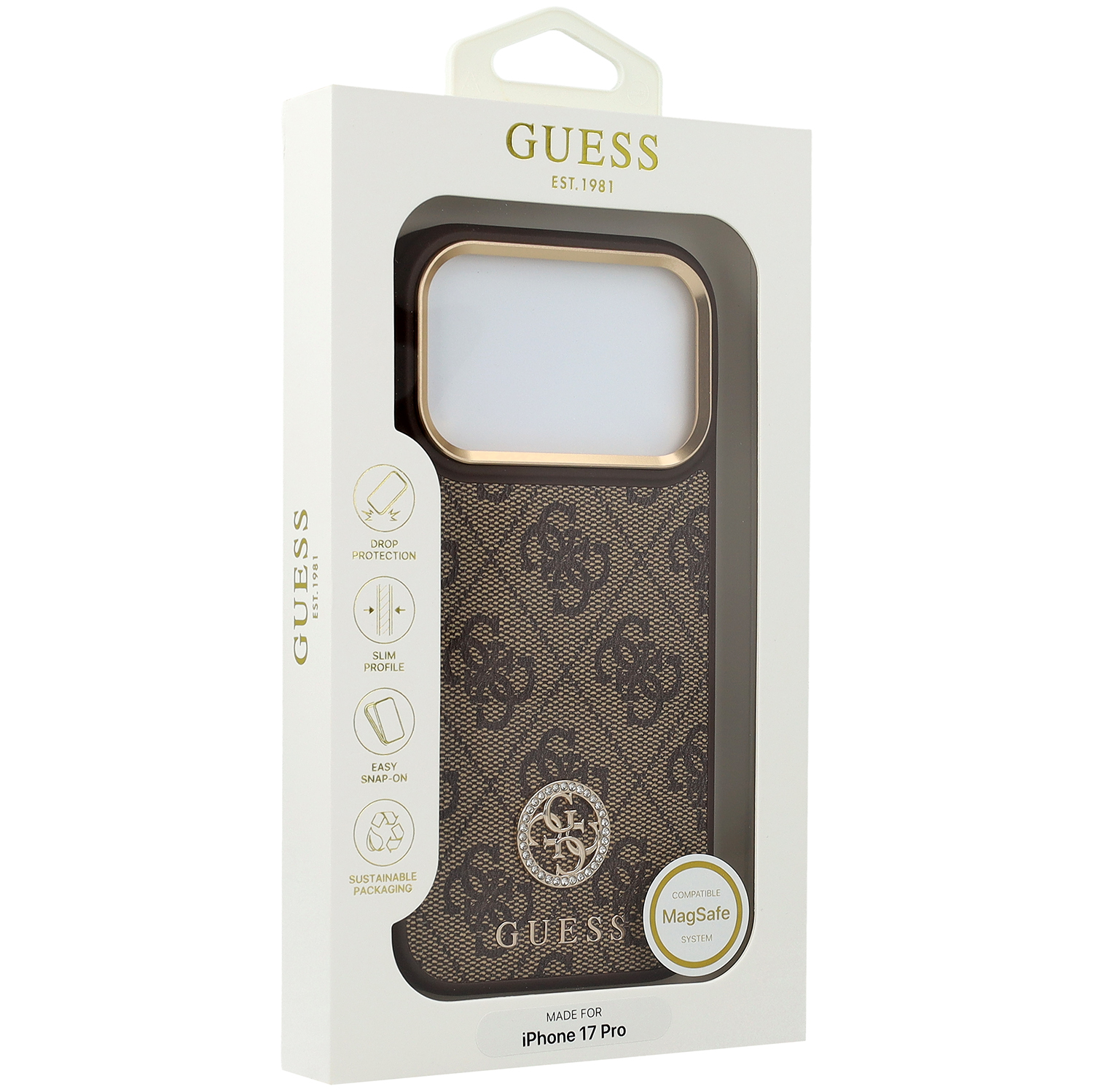 Guess 4G Strass Logo MagSafe, ochronny case na plecki, elegancki smukły, brązowe
