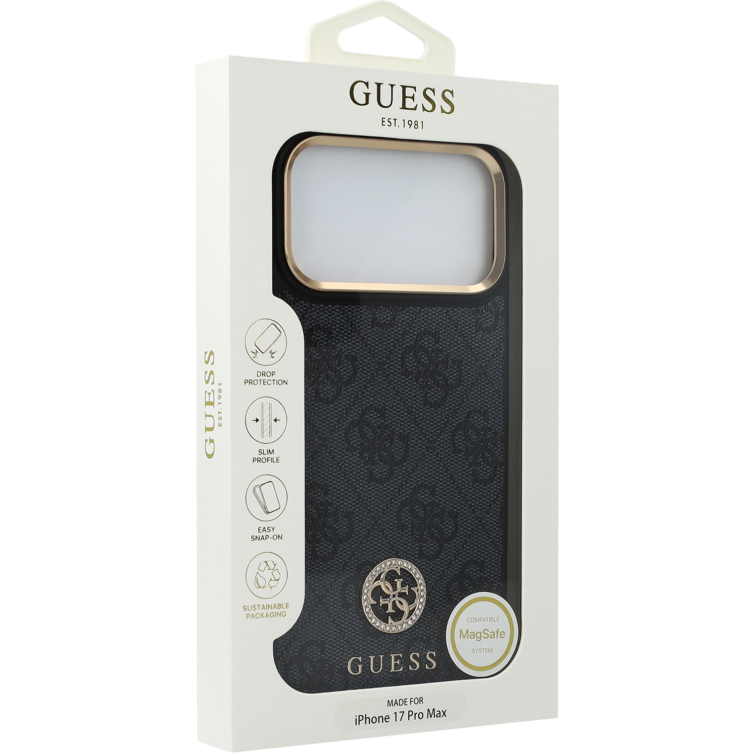 Guess 4G Strass Logo MagSafe, ochronny case na plecki, elegancki smukły, czarne