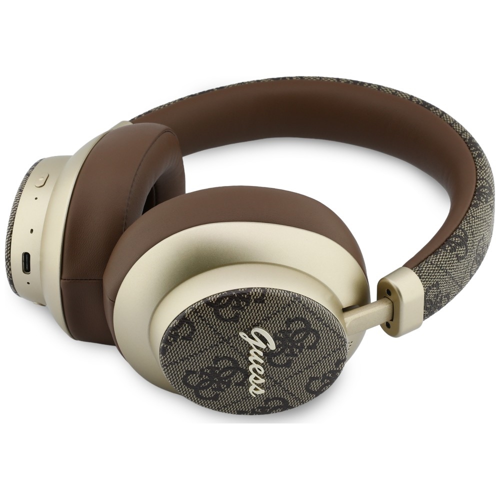 Słuchawki bezprzewodowe Guess BT Wireless Headphones ENC 4G PU Gold Script Metal, brązowe