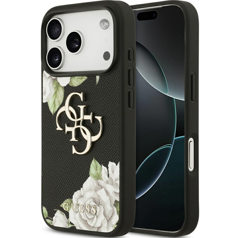 Etui Guess Grained Roses Big 4G do iPhone 17 Pro, czarne z kwiecistym wzorem