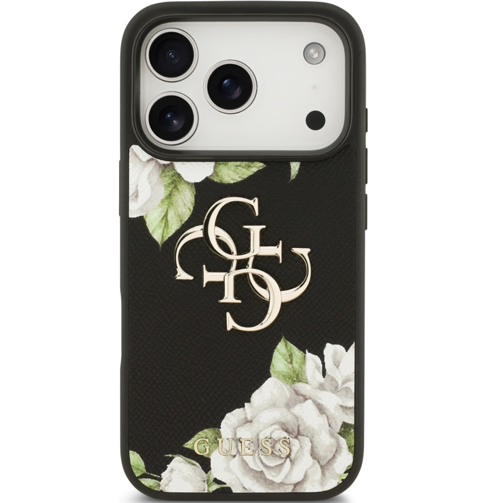 Etui Guess Grained Roses Big 4G do iPhone 17 Pro, czarne z kwiecistym wzorem