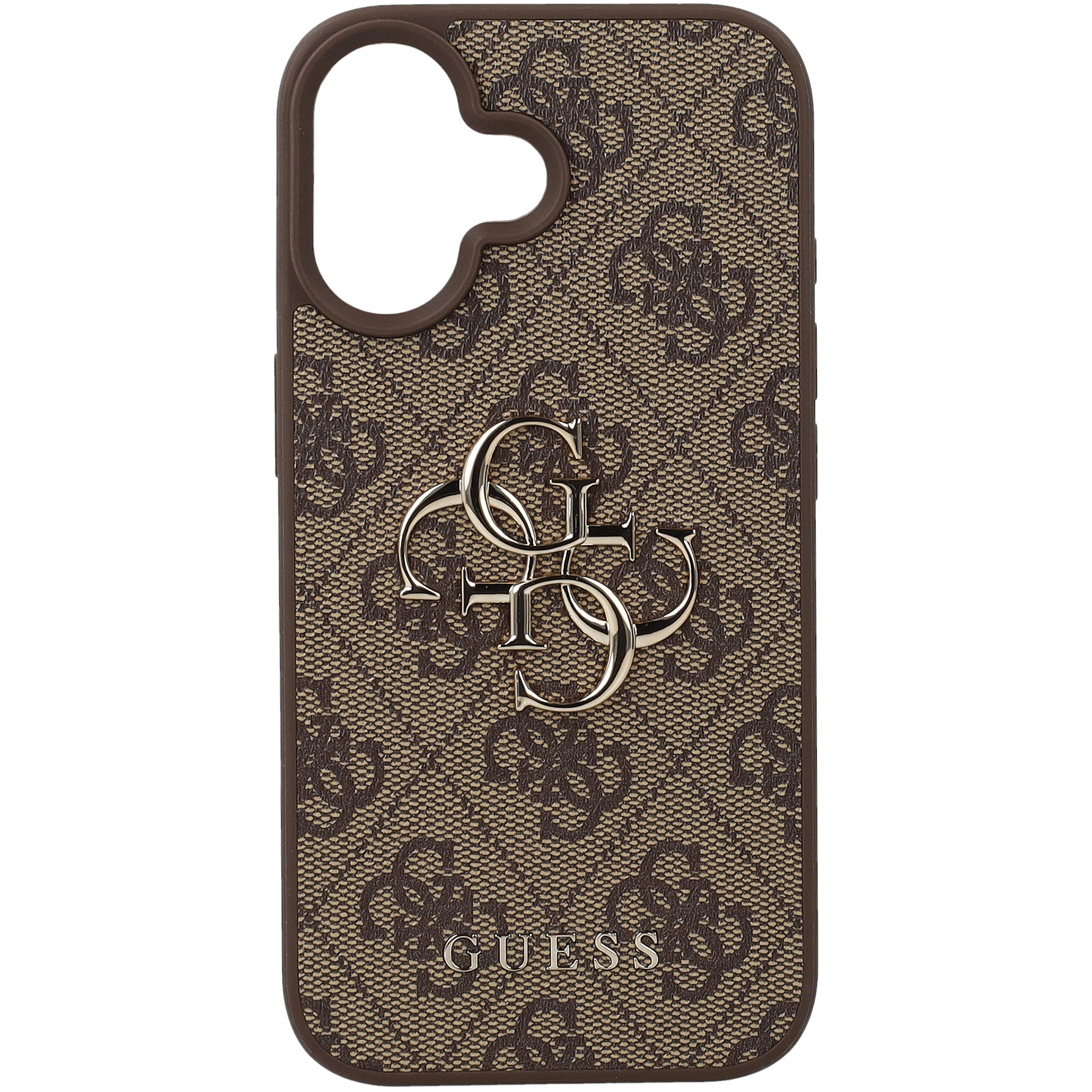 Oryginalne i ekskluzywne etui 4G Big Metal Logo od marki Guess do Apple iPhone 16, brązowe