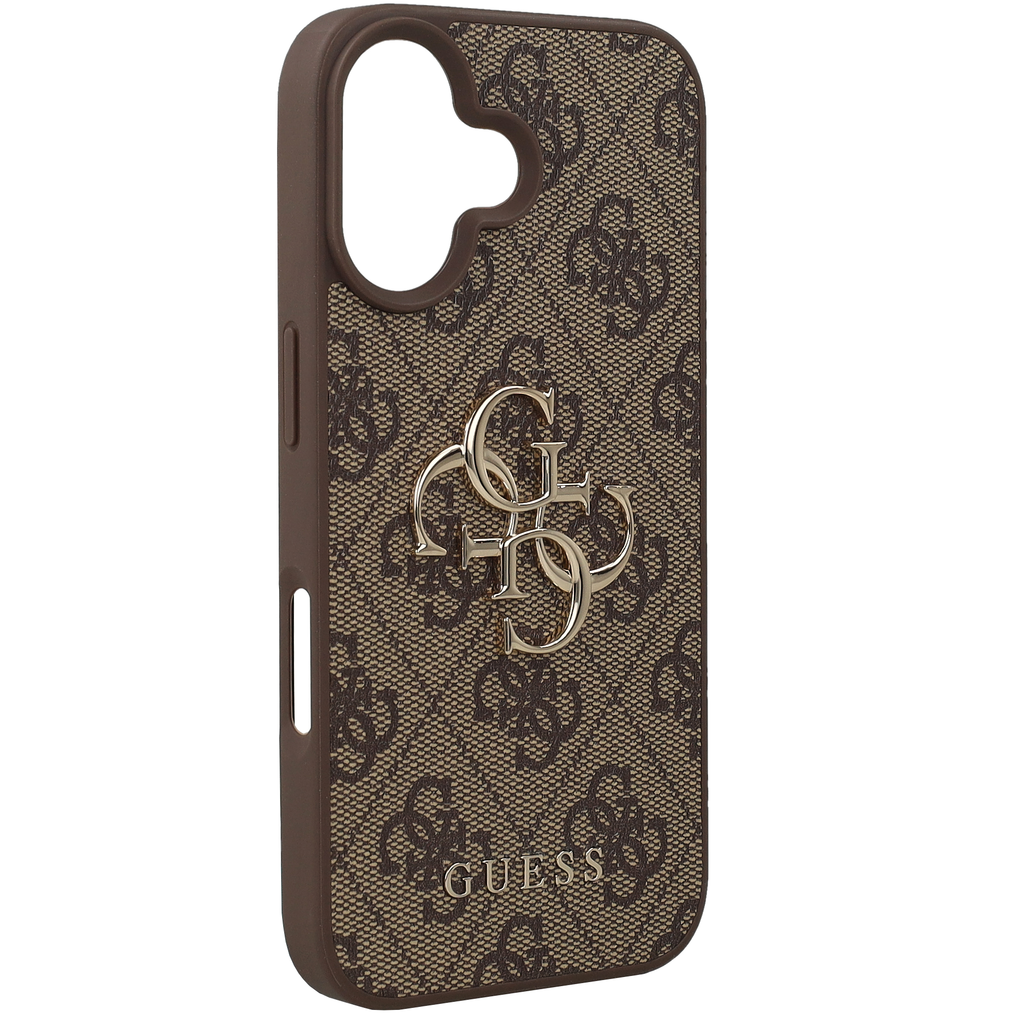 Oryginalne i ekskluzywne etui 4G Big Metal Logo od marki Guess do Apple iPhone 16, brązowe