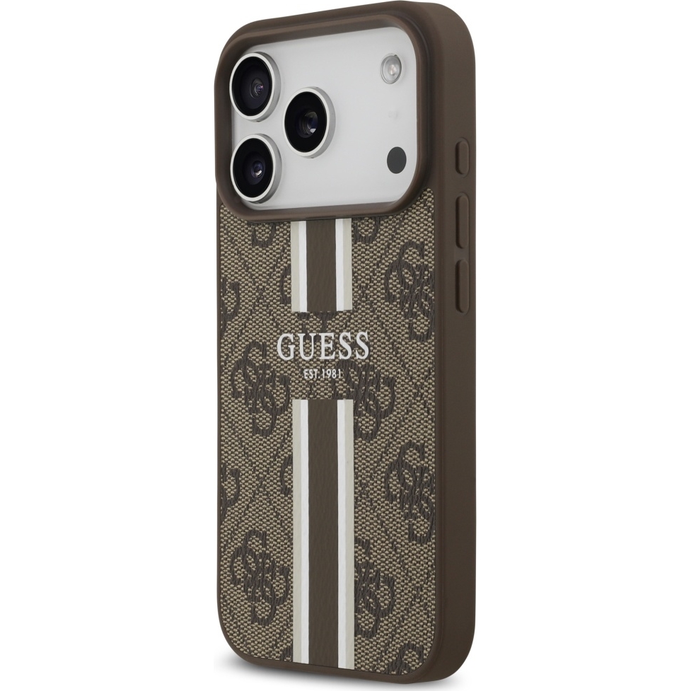 Etui Guess Hardcase 4G Printed Stripes do MagSafe do iPhone 17 Pro, brązowe