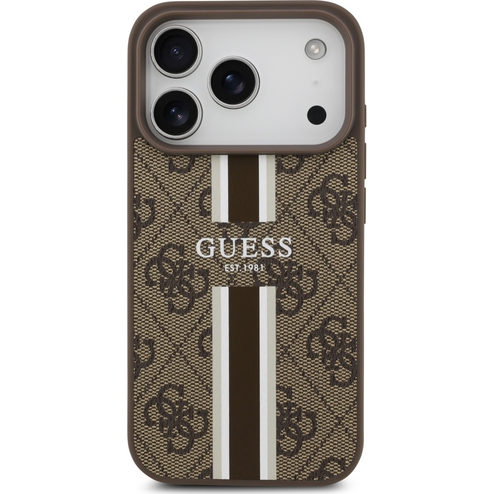 Etui Guess Hardcase 4G Printed Stripes do MagSafe do iPhone 17 Pro, brązowe