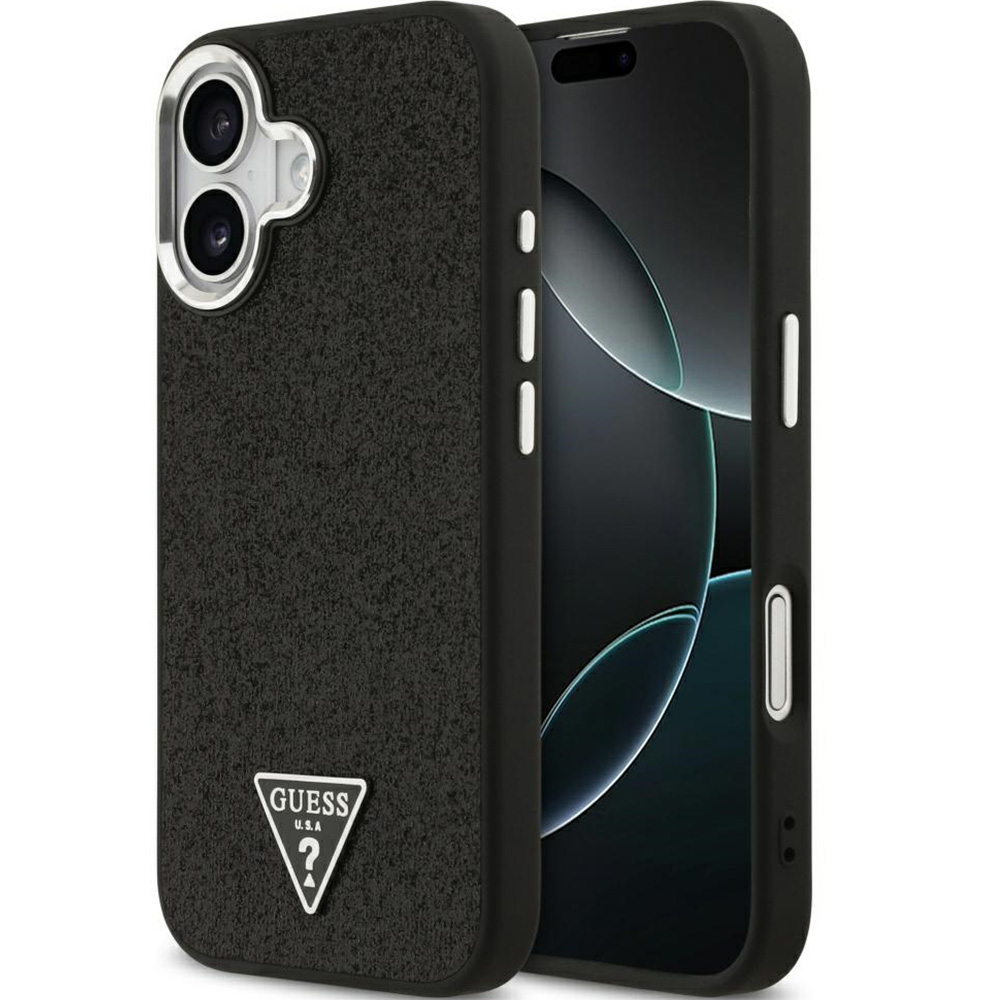 Etui Guess Hardcase Glitter Triangle Logo do MagSafe do iPhone 17, czarno-brokatowe