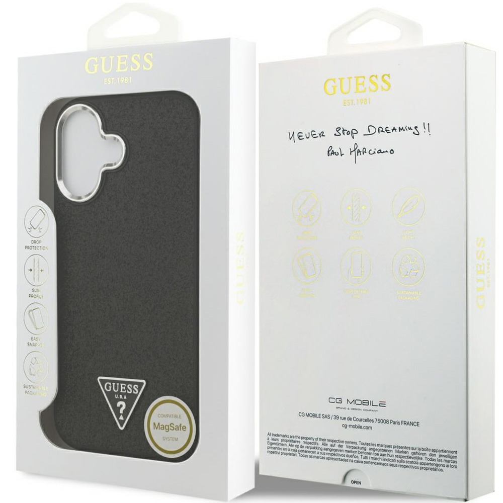 Etui Guess Hardcase Glitter Triangle Logo do MagSafe do iPhone 17, czarno-brokatowe