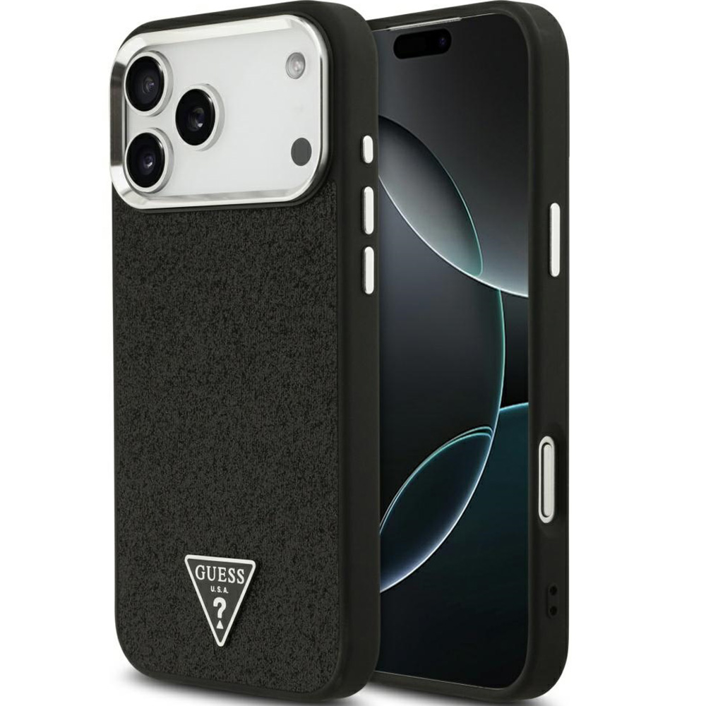 Etui Guess Hardcase Glitter Triangle Logo do MagSafe do iPhone 17 Pro Max, czarno-brokatowe