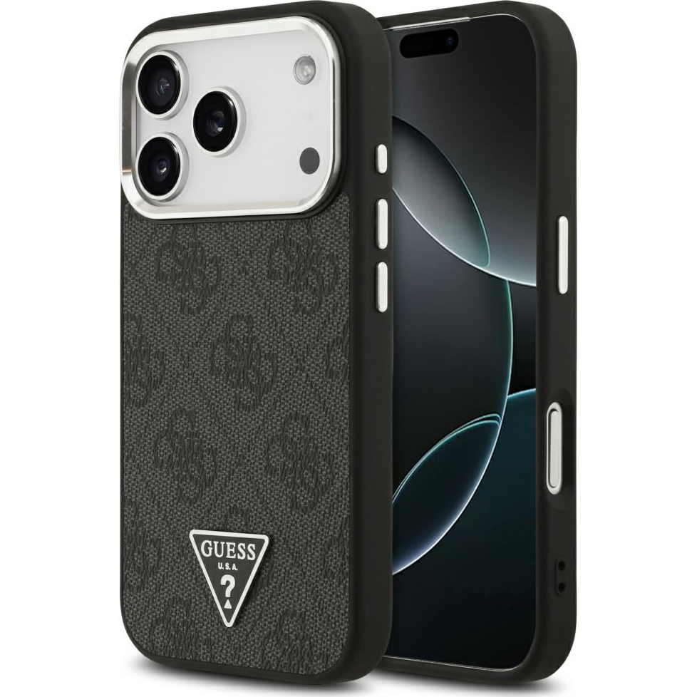Oryginalne i ekskluzywne etui Leather 4G Triangle Strass od marki Guess do iPhone 17 Pro Max, czarne
