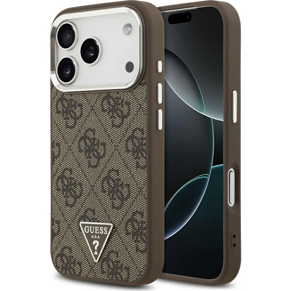 Husa pentru Apple iPhone 17 Pro Max, Guess, Leather 4G Triangle Strass MagSafe, Incarcare wireless, Maro Husa originala si exclusiva din piele 4G Triangle Strass de la Guess pentru iPhone 17 Pro Max, maro