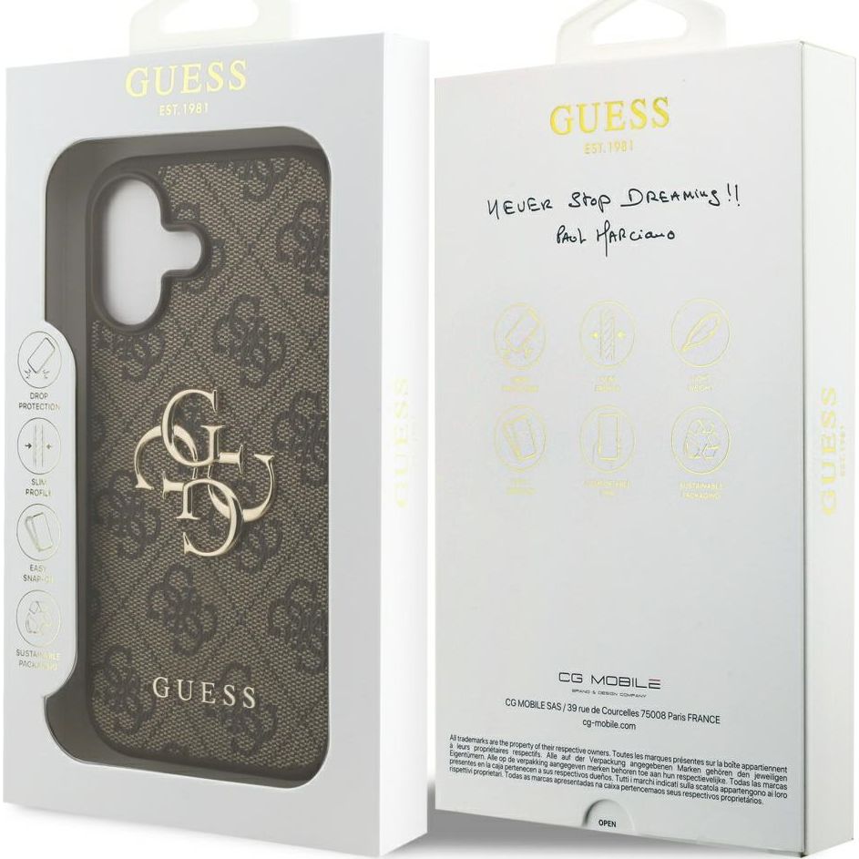 Etui Guess Hardcase 4G Big Metal Logo do iPhone 17, brązowe.