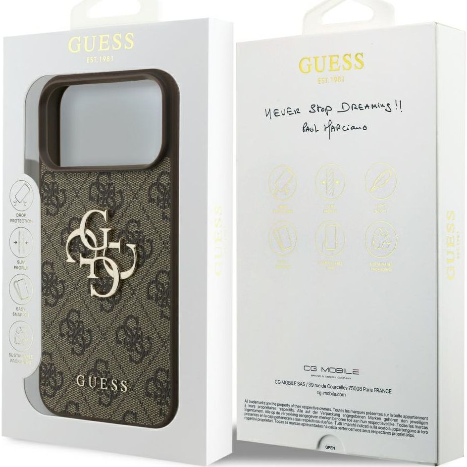 Husa pentru Apple iPhone 17 Pro, Guess, Hardcase Big 4G Logo Classic Logo, Maro Husa Guess Hardcase 4G cu logo metalic mare pentru iPhone 17 Pro Max, maro.