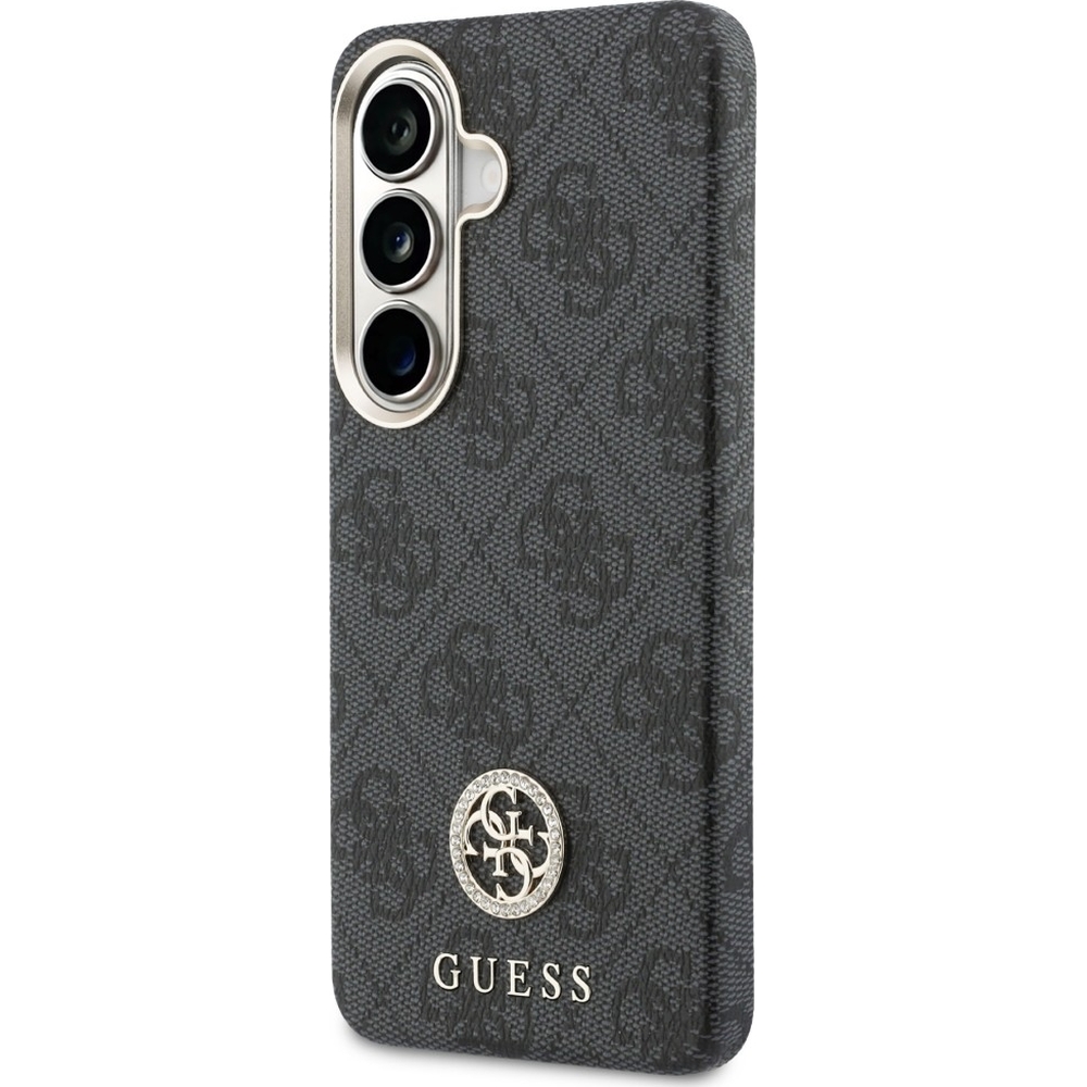 Eleganckie etui Saffiano Classic Logo MagSafe od marki Guess dla Galaxy S26 Plus, czarne ze wzorem Rhinestone Round.