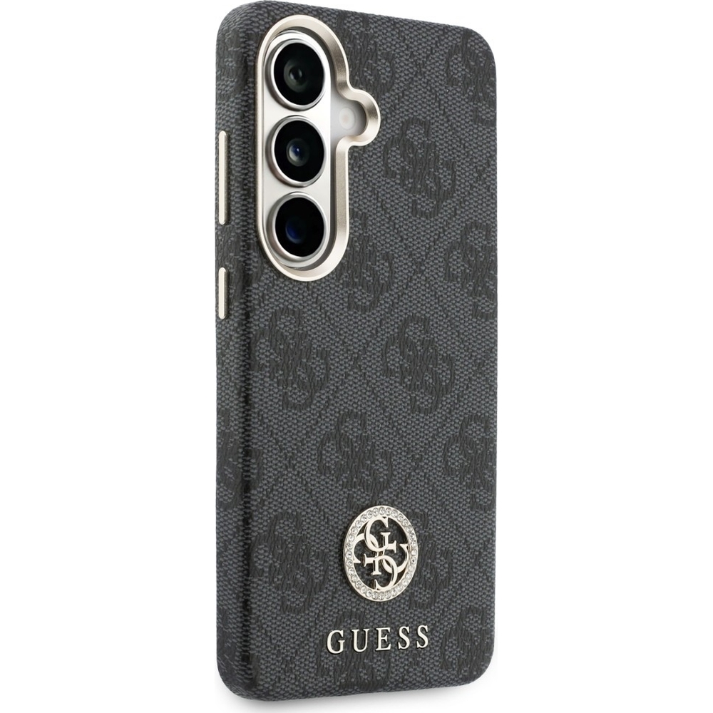 Eleganckie etui Saffiano Classic Logo MagSafe od marki Guess dla Galaxy S26 Plus, czarne ze wzorem Rhinestone Round.