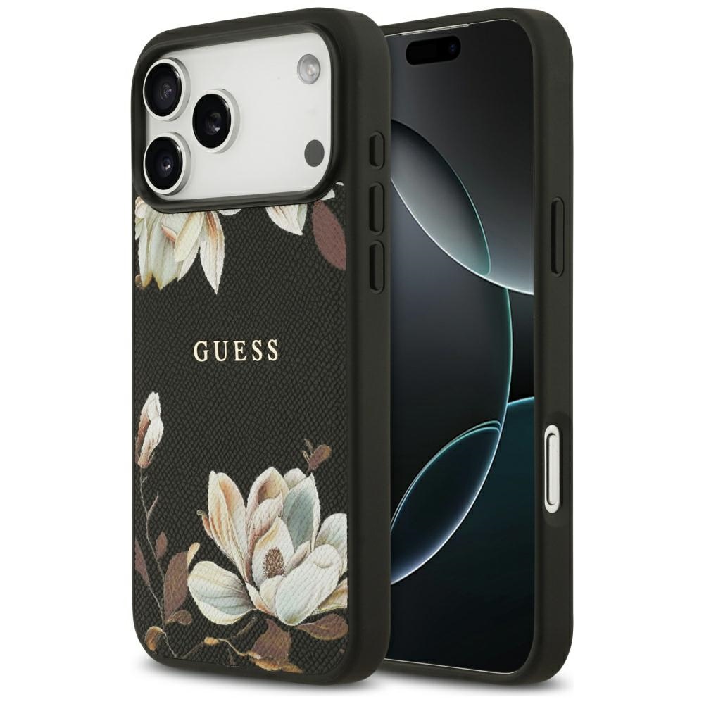 Carcasa Guess MagSafe cu imprimeu floral granulat pentru iPhone 17 Pro Max, neagra cu model floral