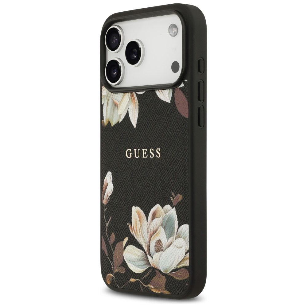 Carcasa Guess MagSafe cu imprimeu floral granulat pentru iPhone 17 Pro Max, neagra cu model floral