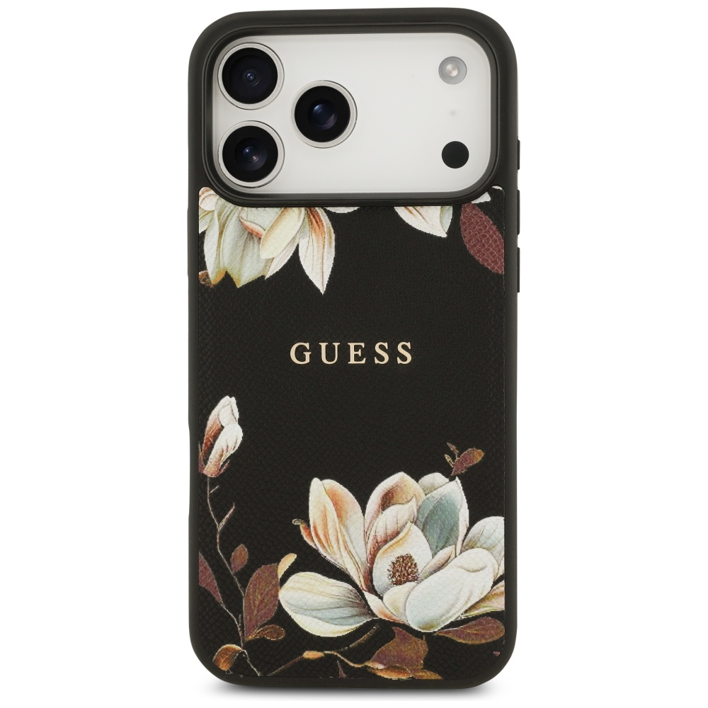 Carcasa Guess MagSafe cu imprimeu floral granulat pentru iPhone 17 Pro Max, neagra cu model floral