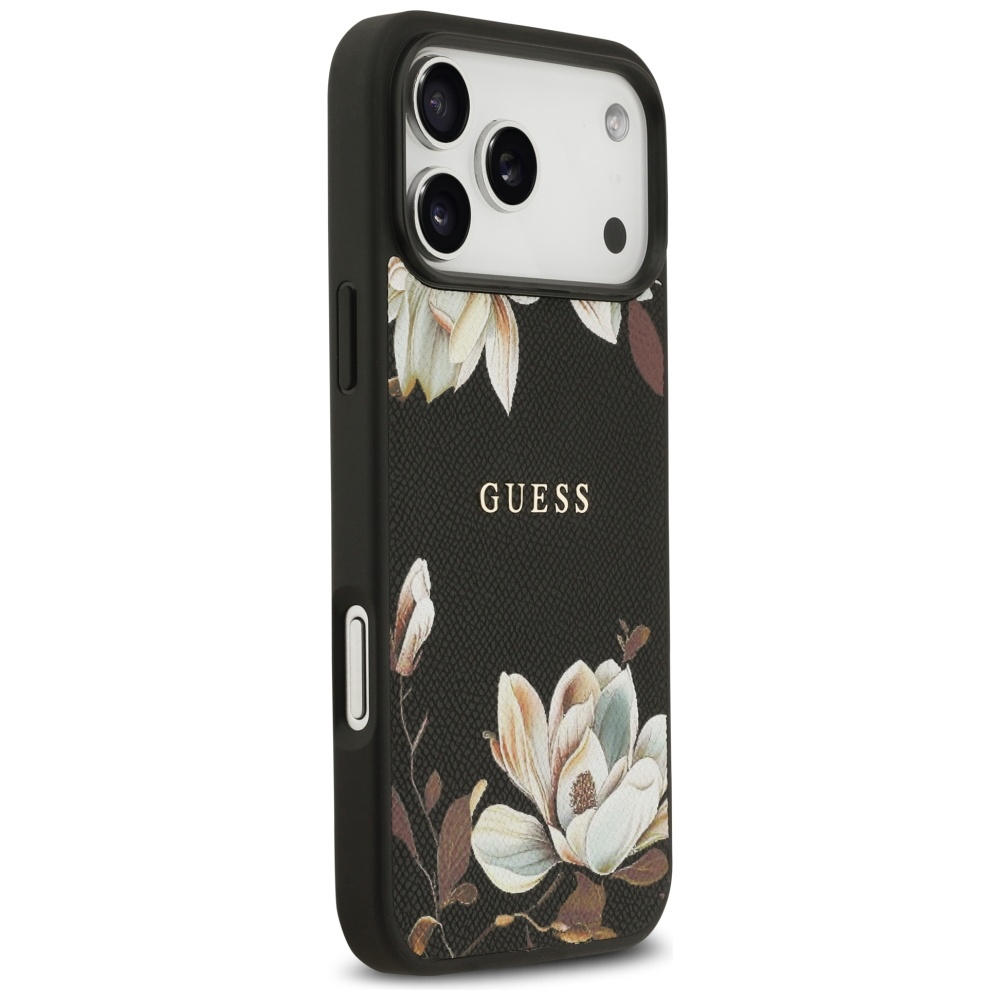 Carcasa Guess MagSafe cu imprimeu floral granulat pentru iPhone 17 Pro Max, neagra cu model floral