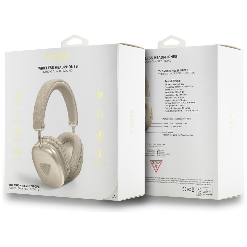 Bezprzewodowe słuchawki nauszne Guess Metallic Triangle Logo Bluetooth 5.3, złote
