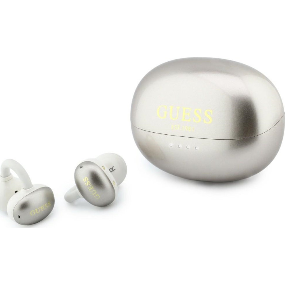 Guess OWS Metalic Finish Electroplated Parts Classic Logo, otwarta konstrukcja, naturalne brzmienie, stabilne Bluetooth 6.0, szybkie parowanie, komfort noszenia, biało-szare, metaliczne
