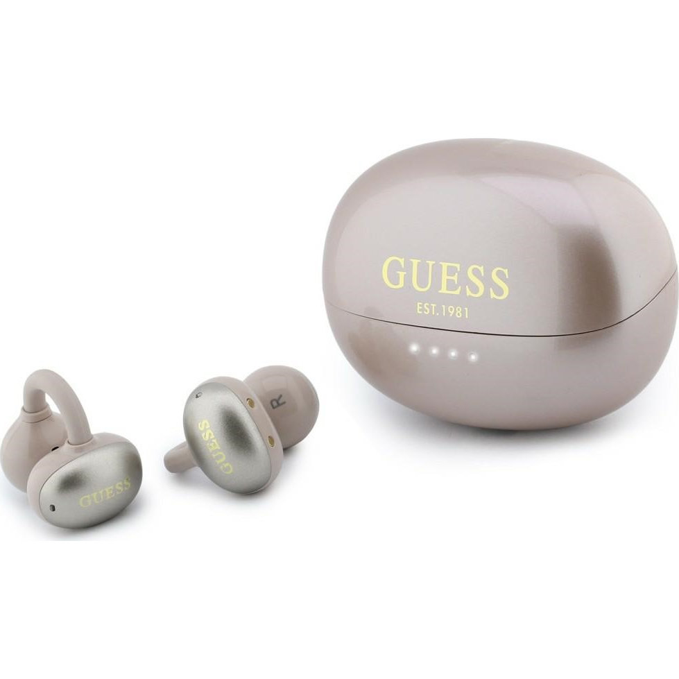 Guess OWS Metalic Finish Electroplated Parts Classic Logo, otwarta konstrukcja, naturalne brzmienie, stabilne Bluetooth 6.0, szybkie parowanie, komfort noszenia, różowo-szare, metaliczne