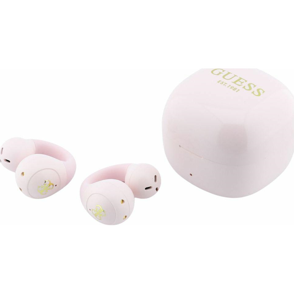 Guess OWS Mini Classic, stabilne Bluetooth 6.0, otwarta konstrukcja, długi czas pracy, szybkie parowanie, komfort rozmów, różowe