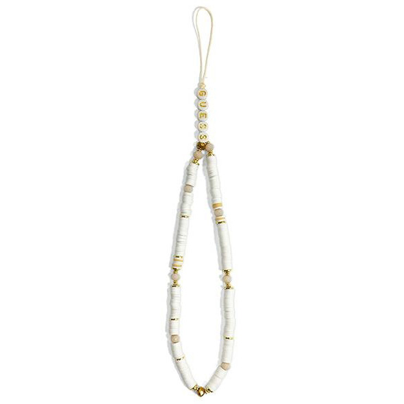 Stylowa zawieszka Guess Gustpearu Phone Strap, elegancki dodatek Heishi Beads, bialy