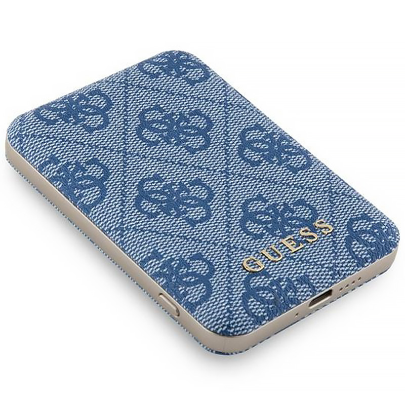 Guess Powerbank 15W 5000mAh MagSafe 4G Leather Metal Logo + kabel, niebieski