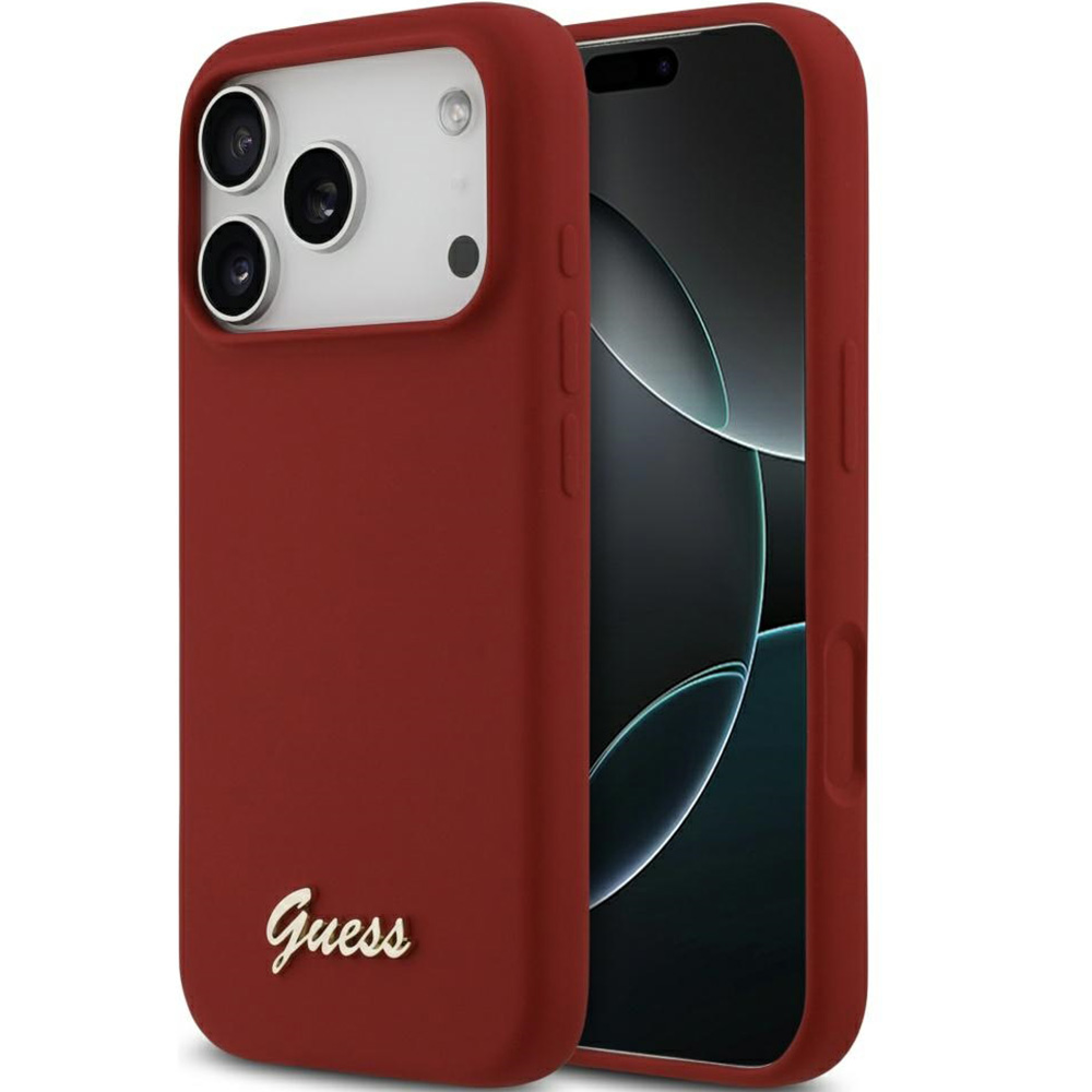 Carcasa Guess Hardcase din silicon cu logo metalic si scriere MagSafe pentru iPhone 17 Pro Max, rosie