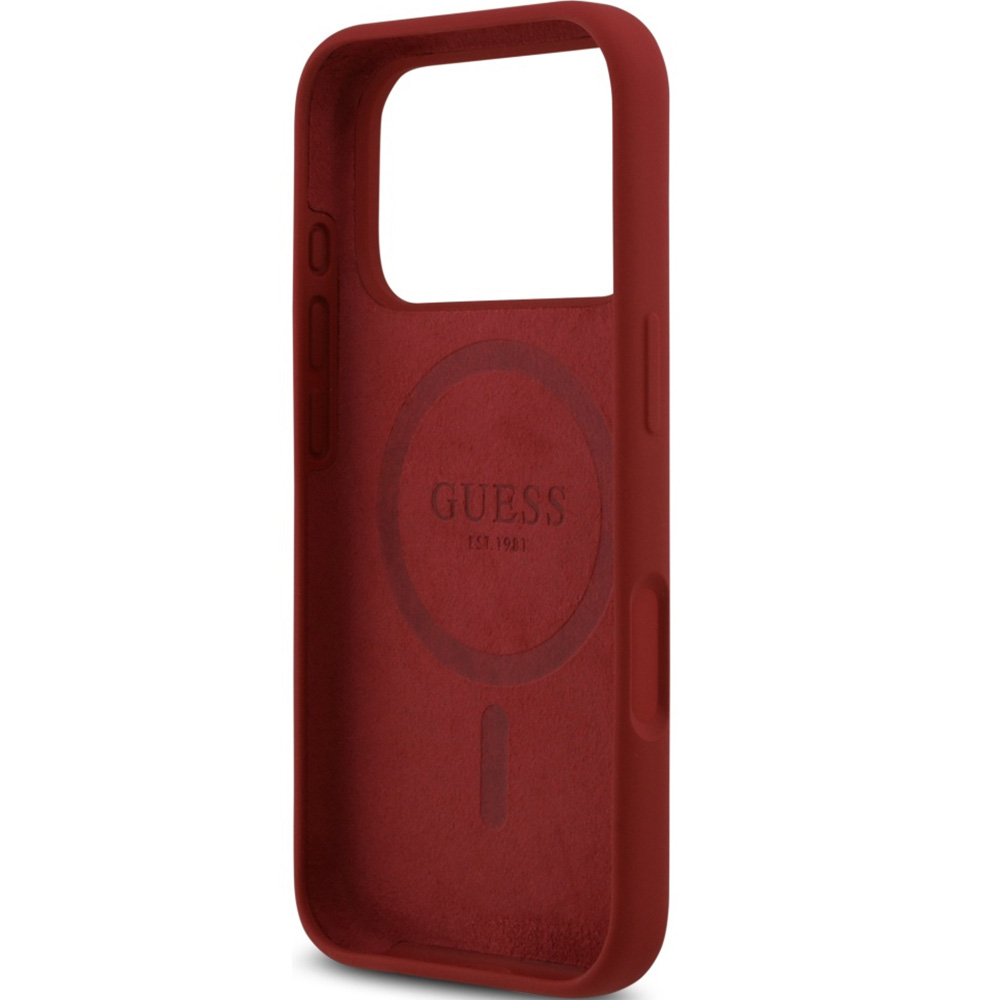 Carcasa Guess Hardcase din silicon cu logo metalic si scriere MagSafe pentru iPhone 17 Pro Max, rosie
