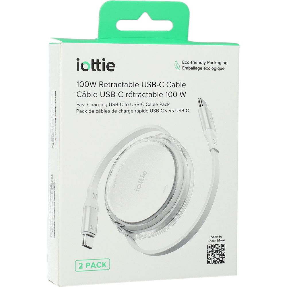 Kabel zwijany iOttie Retractable USB-C do USB-C, 100W PD, 1 m, 2 sztuki, biały. Szybkie ładowanie, technologia Power Delivery, E-Marker