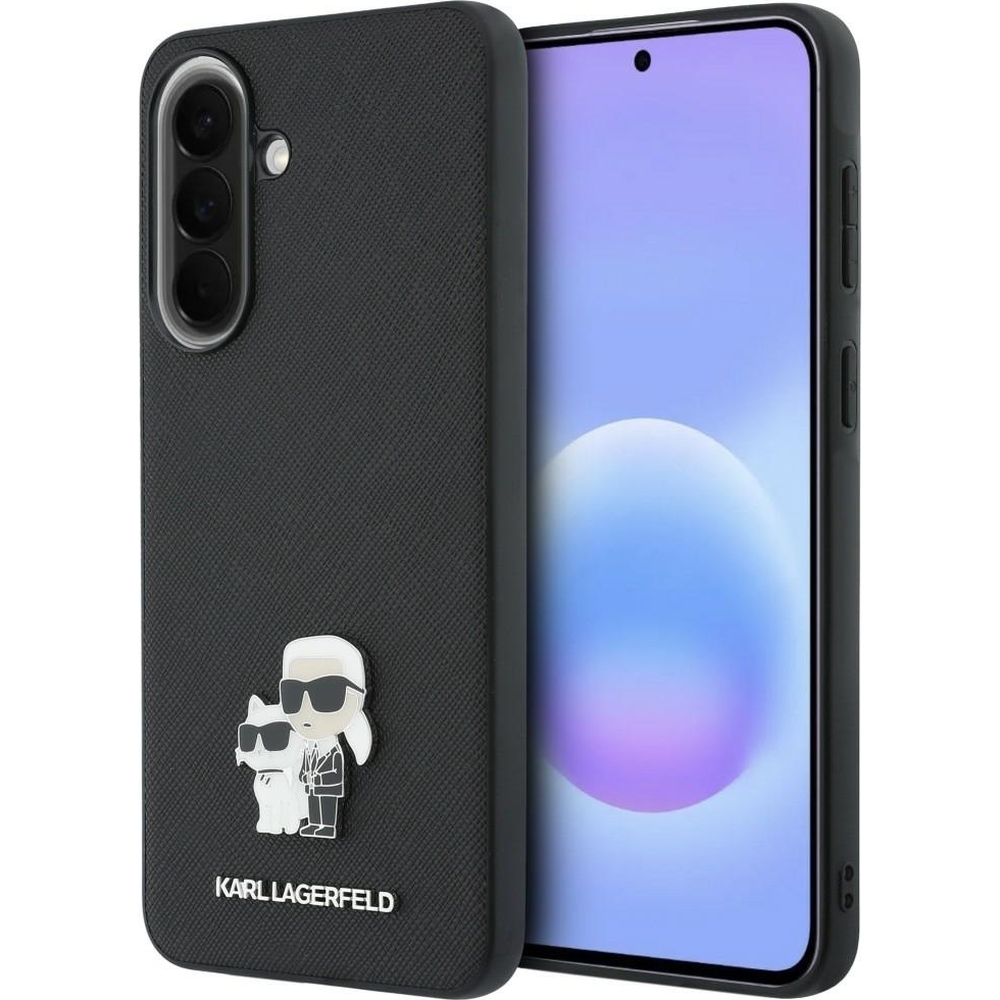 Karl Lagerfeld Saffiano Full Wrapped, eleganckie etui do smartfona, luksusowy, designerski, czarne z wzorem projektanta i Choupette