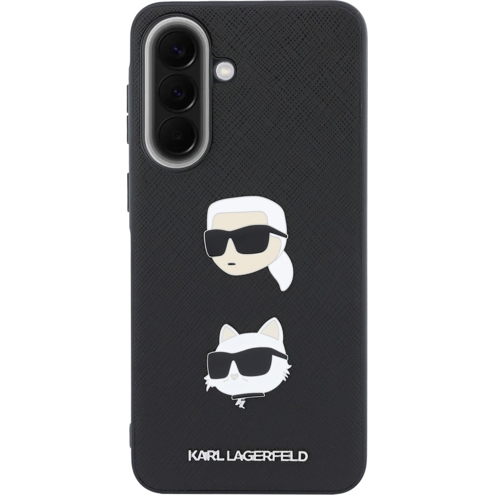 Karl Lagerfeld Saffiano Full Wrapped, ochrona soczewek aparatu i ekranu, funkcjonalny case, czarne z głowami Karla i Choupette