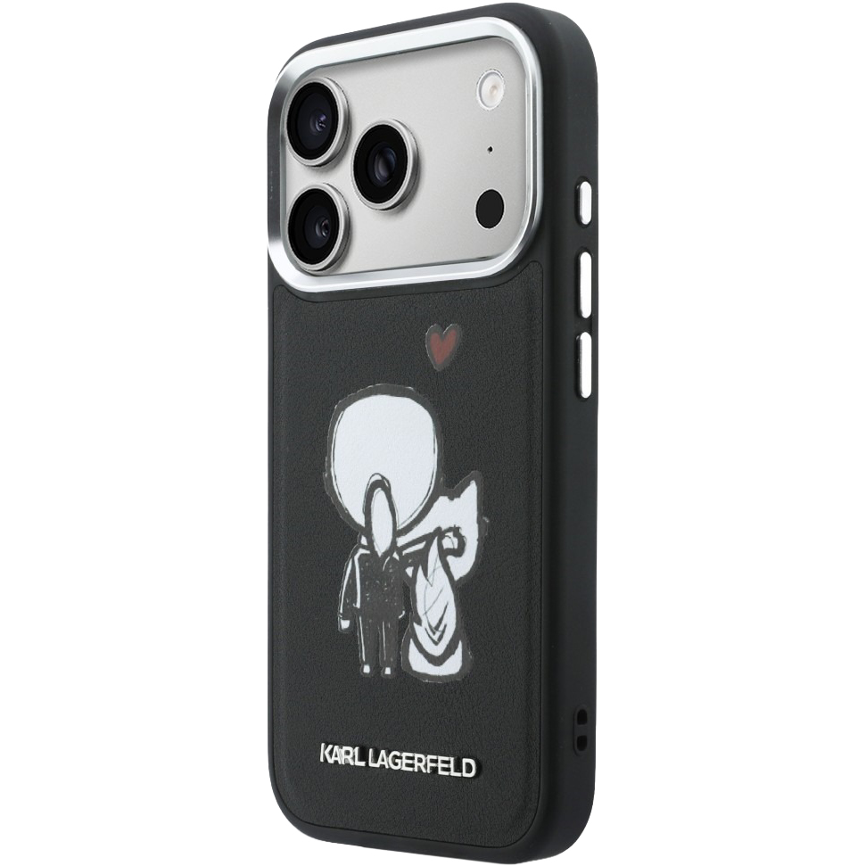 Karl Lagerfeld Hardcase Leather MagSafe, wyrazista grafika, designerskie etui ochronne, czarne z wzorem projektanta i Choupette