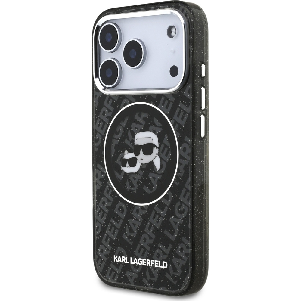 Karl Lagerfeld IML Glitter Karl and Choupette Heads Logo MagSafe, ochronny case na plecki, elegancki smukły, czarne