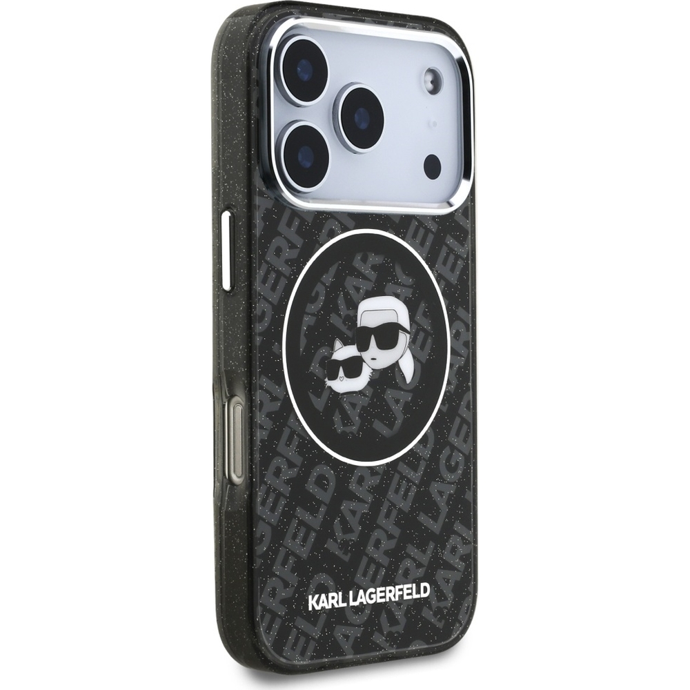 Karl Lagerfeld IML Glitter Karl and Choupette Heads Logo MagSafe, ładowanie MagSafe, pierścień magnetyczny, komfort obsługi, czarne