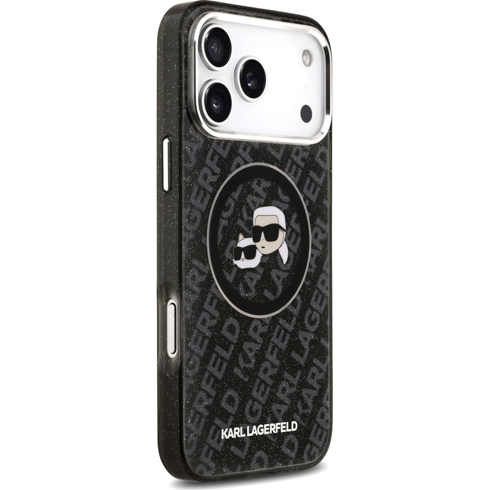 Karl Lagerfeld IML Glitter Karl and Choupette Heads Logo MagSafe, ładowanie MagSafe, pierścień magnetyczny, komfort obsługi, czarne