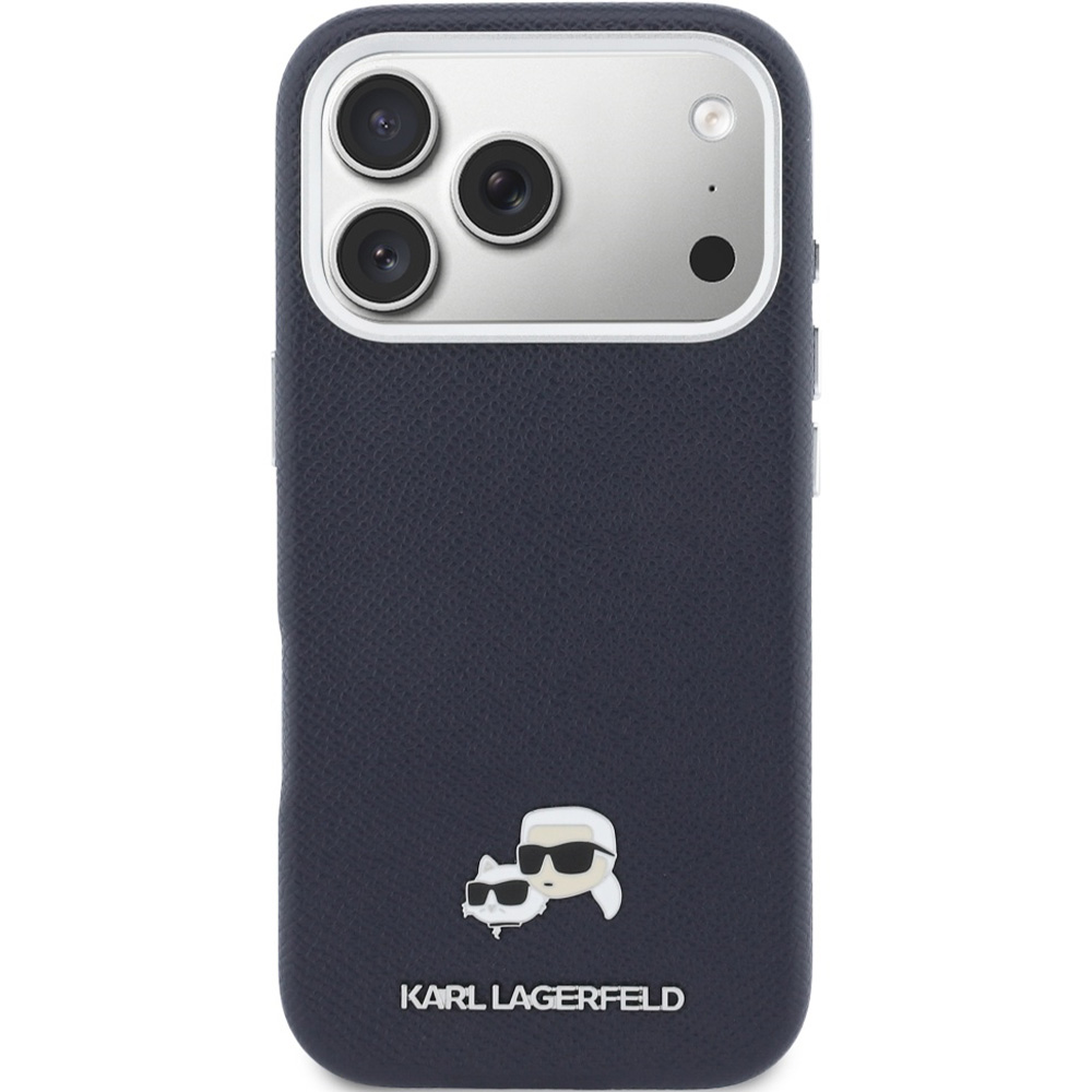 Etui ochronne Karl Lagerfeld Karl and Choupette Head Pin Saffiano MagSafe do iPhone 17 Pro, granatowe