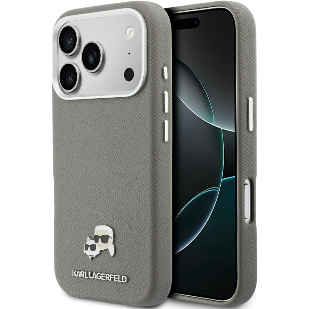 Etui ochronne Karl Lagerfeld Karl and Choupette Head Pin Saffiano MagSafe do iPhone 17 Pro, szare