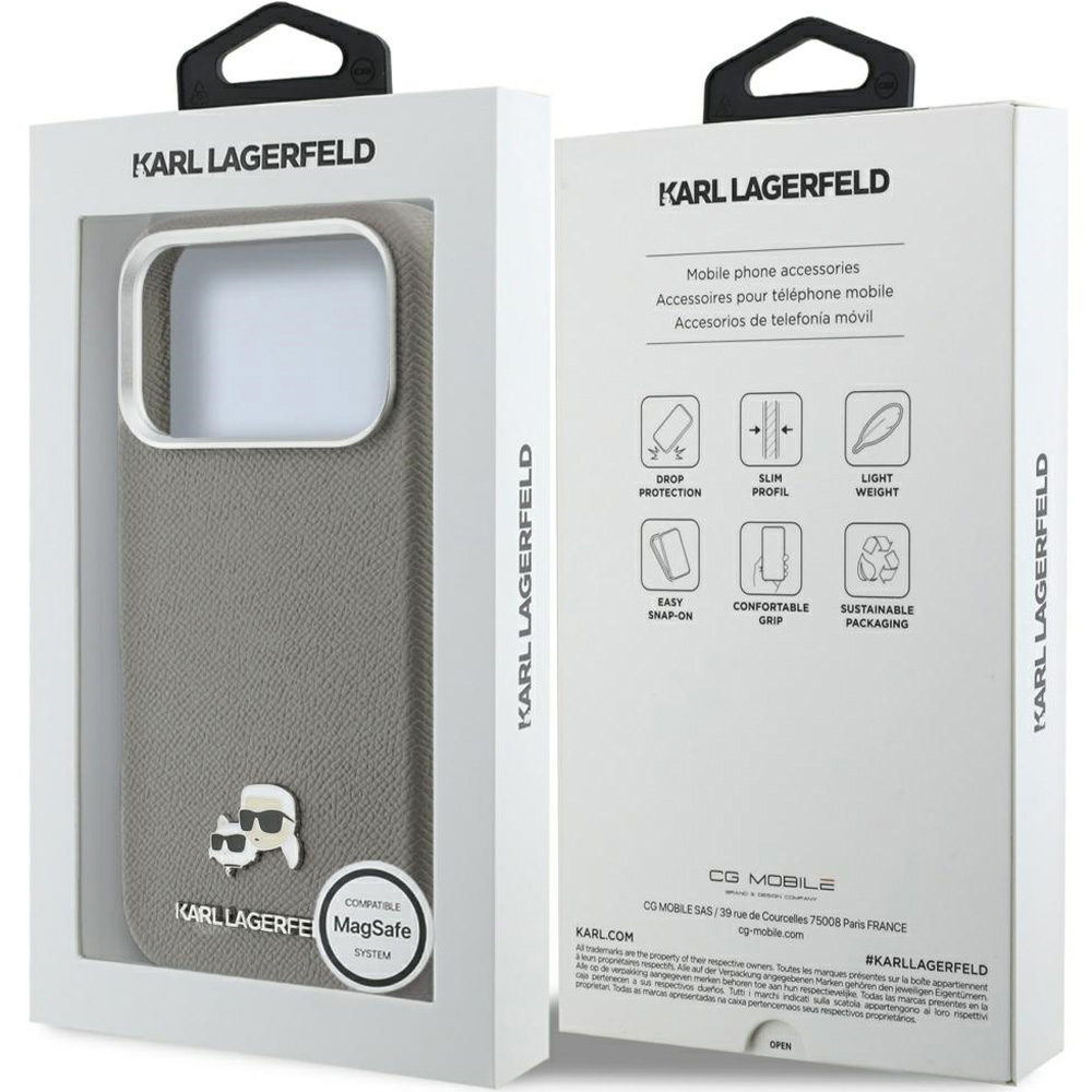 Etui ochronne Karl Lagerfeld Karl and Choupette Head Pin Saffiano MagSafe do iPhone 17 Pro, szare