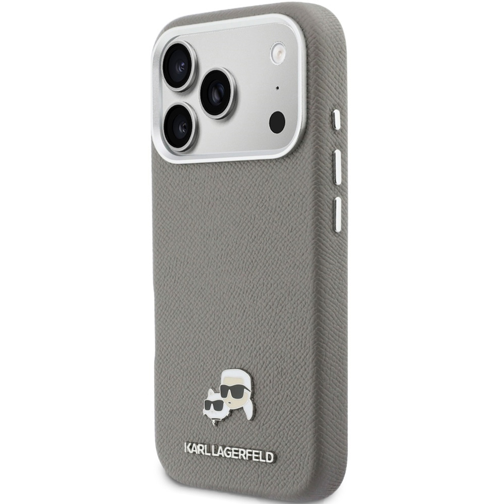 Etui ochronne Karl Lagerfeld Karl and Choupette Head Pin Saffiano MagSafe do iPhone 17 Pro, szare