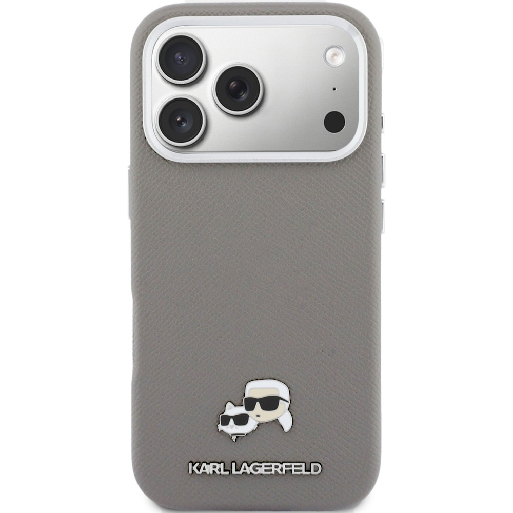 Etui ochronne Karl Lagerfeld Karl and Choupette Head Pin Saffiano MagSafe do iPhone 17 Pro, szare