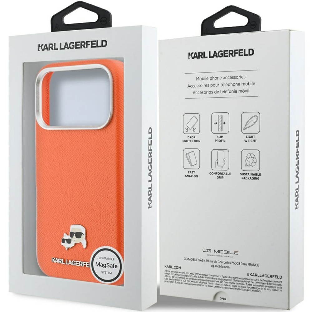 Etui Karl Lagerfeld HardCase Karl and Choupette Head Pin Saffiano do MagSafe do iPhone 17 Pro, pomarańczowe