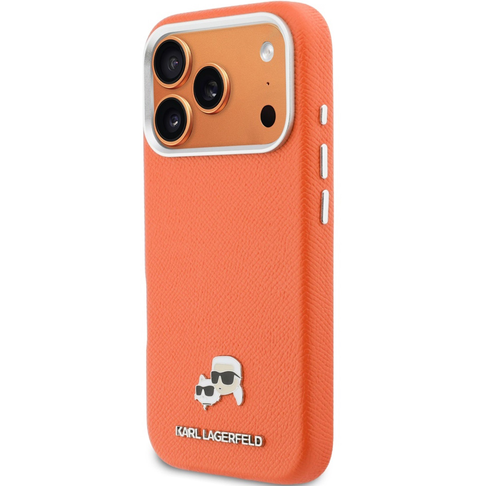 Etui ochronne Karl Lagerfeld Karl and Choupette Head Pin Saffiano MagSafe do iPhone 17 Pro, pomarańczowe