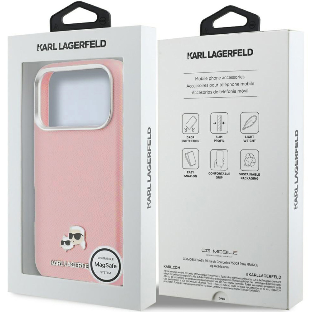 Etui ochronne Karl Lagerfeld Karl and Choupette Head Pin Saffiano MagSafe do iPhone 17 Pro, różowe